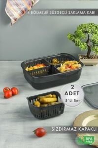 2 Adet 4 Bölmeli Süzgeçli Sızdırmaz Saklama Kabı- Zeytinlik Turşuluk Organizer 3,2 Litre
