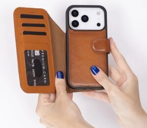 Apple iPhone 17 Pro Için, Hakiki Deri, El Yapımı Cüzdanlı Kılıf, Magsafe ile Uyumlu, Iç Yüzeyi Kadife, Gölgeli Taba