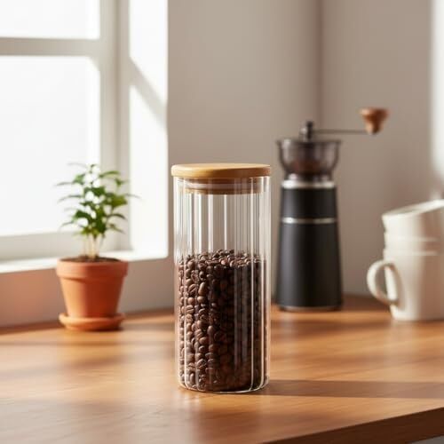Linie Serisi Bambu Kapaklı Borosilikat Cam Kavanoz - 350 ml Çizgili Vakumlu Baharatlık, Çay ve Kahve Saklama Kabı