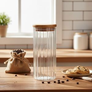 Linie Serisi Bambu Kapaklı Borosilikat Cam Kavanoz - 350 ml Çizgili Vakumlu Baharatlık, Çay ve Kahve Saklama Kabı