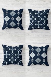 Lacivert Mini Çiçekler Gizli Fermuarlı Kırlent Kılıfı Koltuk Yastık Kılıfı TAKIM(4ADET), Lacivert-Indigo 45 x 45