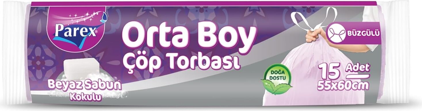 Büzgülü Çöp Torbası Beyaz Sabun Kokulu Orta Boy 15'li