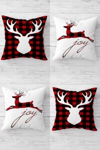 Yılbaşı Christmas Geyik Desen Gizli Fermuarlı Kırlent Kılıfı Koltuk Yastık Kılıfı TAKIM(4ADET), Kırmızı-Beyaz-Siyah 45 x 45
