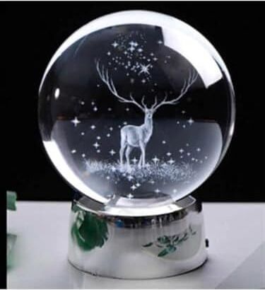Işıklı Cam Gece Lambası Küre Kristal Renk Değiştiren LED Işıklı Dekoratif Hediyelik (Geyik)