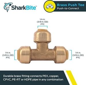 Sharkbite 1/4 Inç (3/8 Inç Od) Tee, Pirinç Tesisat Bağlantısı Bağlantısı Için Itin, Pex Boru, Bakır, Cpvc, Pe-Rt, Hdpe, U358LFA