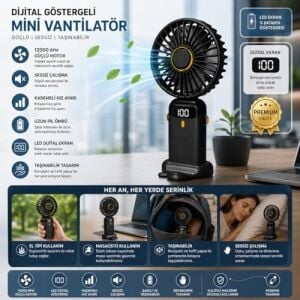 Dijital Göstergeli Mini Vantilatör, Şarjlı Masaüstü Vantilatör, Taşınabilir 12000 Rpm El Fanı, Ergonoik Tasarım, Kademeli ve Sessiz Çalışma, Soğutucu Mini El Fanı, El Tipi ve Masaüstü Kullanım