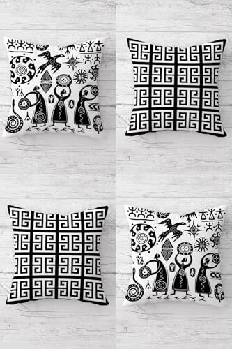 Etnik Bohemian Maya Desenli Gizli Fermuarlı Kırlent Kılıfı Koltuk Yastık Kılıfı TAKIM(4ADET), Beyaz-Siyah 45 x 45