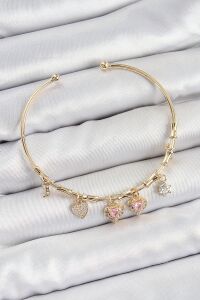 Pirinç Zirkon Taşlı Pembe Kalp Model Gold Renk Charm Bileklik