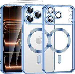 iPhone 17 Pro Şeffaf Manyetik Kılıf (Magsafe Uyumlu) + 2 Temperli Cam – Anti-Sarı, Darbeye Dayanıklı (Sierra Mavi)