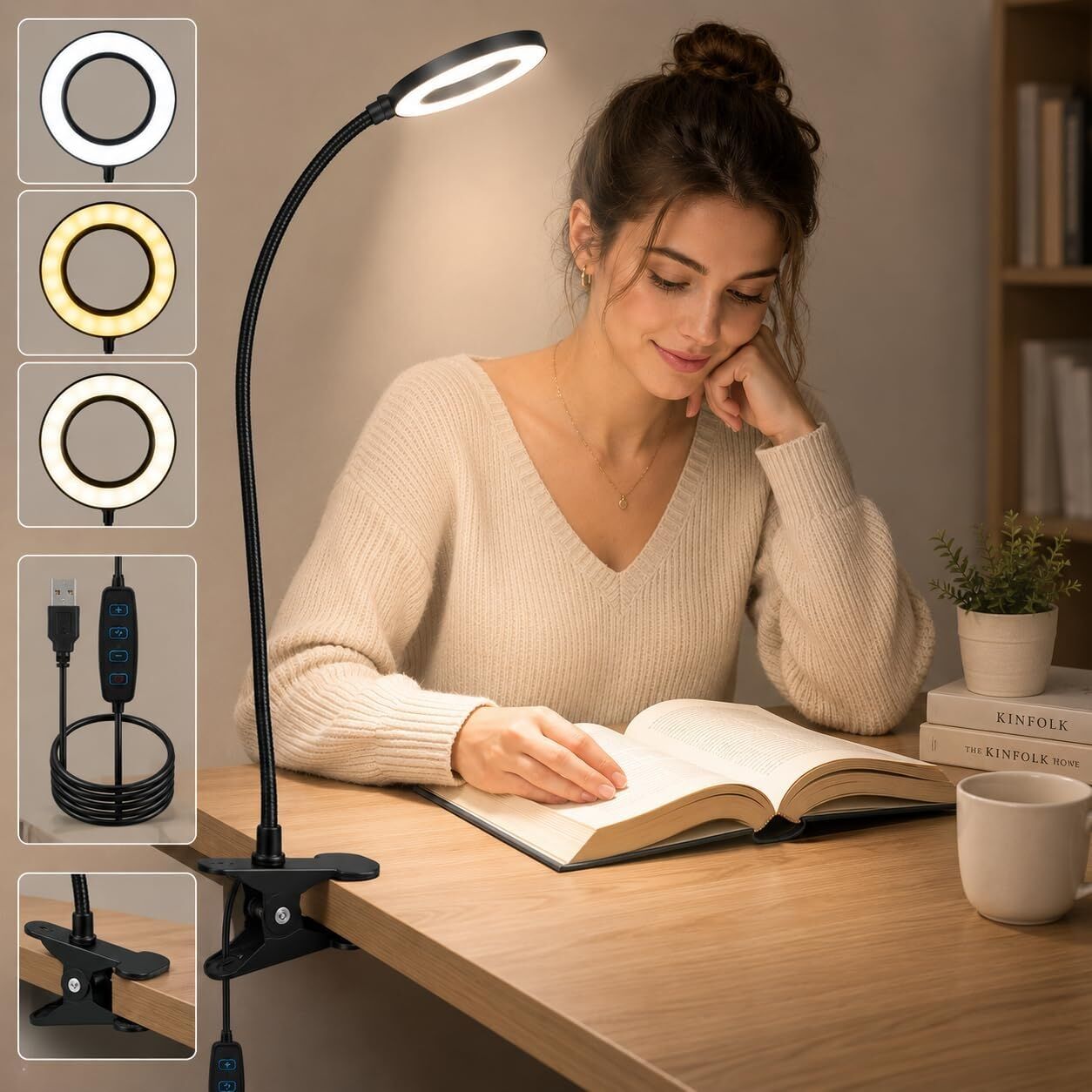Klipsli LED Kitap Okuma Lambası USB Girişli Aydınlatma Esnek Kollu Metal Ders Çalışma Makyaj Tiktok Youtube Canlı Yayın Içerik Üretim Işığı Göz Yormaz Modern 3 Renk Modlu Sarı Beyaz Gün Işığı