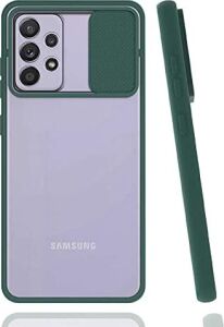 Galaxy A72 ile Uyumlu Kılıf Slayt Sürgülü Arkası Buzlu Lensi Kapak - Koyu Yeşil