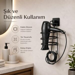 Siyah Kare Fön Makinesi Askısı, Saç Kurutma Makinesi Tutacağı Yapışkanlı, Yapışkanlı ve Vidalı Siyah Fön Makinesi Askısı, Saç Kurutma Makinesi Tutucu, Özel Statik Boyalı Banyo Düzenleyici