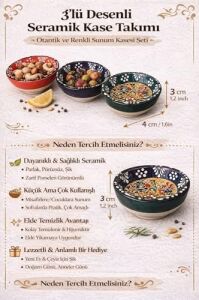 Kabartma Desenli El Boyaması Seramik Kase Seti, 3’lü Renkli Çini Motifli Dekoratif Sunum Kaseleri, Kahvaltı, Meze, Çerez ve Servis Için Çok Amaçlı El Yapımı Kase Takımı