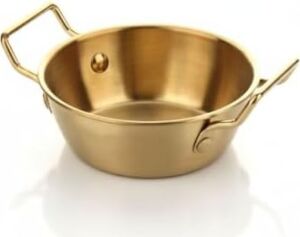 Gold Renk Paslanmaz Çelik Mini Sahan ve Sunumluk - Kulplu Metal Kahvaltılık, Sosluk ve Meze Tabağı - Mat Altın Görünümlü Servis Tavası (10 Cm)