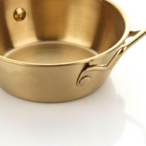 Gold Renk Paslanmaz Çelik Mini Sahan ve Sunumluk - Kulplu Metal Kahvaltılık, Sosluk ve Meze Tabağı - Mat Altın Görünümlü Servis Tavası (10 Cm)