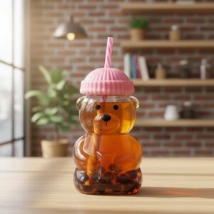 Sevimli Ayıcık Figürlü Borosilikat Cam Bardak 580 ml - Silikon Kapaklı ve Pipetli Lüx Barista Soğuk Içecek Bardağı (Pembe)