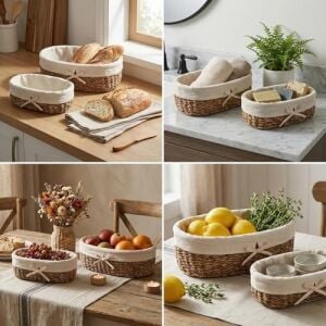 3'lü Hasır Oval Bezli Düzenleyici Sepet Seti - Çıkarılabilir Kumaş Astarlı Ekmek ve Sunum Sepeti - Banyo, Mutfak ve Bebek Odası Için Çok Amaçlı Organizer (42X25 cm Büyük Boy)