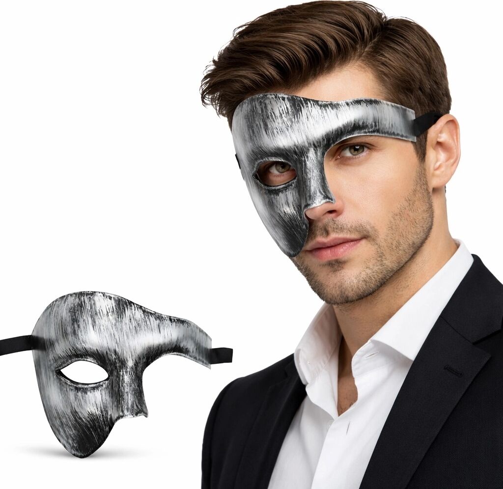 Antik Eskitme Gümüş Erkek Yarım Maske - Phantom & Balo Maskesi