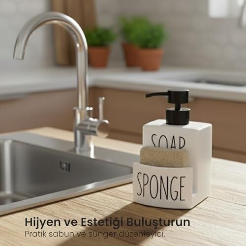 Beyaz Seramik Sıvı Sabunluk ve Süngerlik Seti | 500 ml | Mutfak ve Banyo Tezgahı Için 2'si 1 Arada | Kaymaz Tabanlı, Şık Bulaşık Sabunu Dispenseri