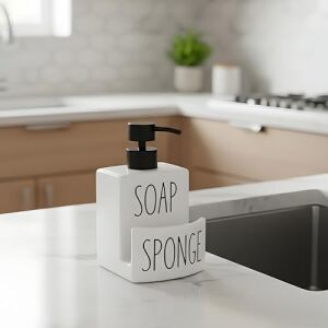 Beyaz Seramik Sıvı Sabunluk ve Süngerlik Seti | 500 ml | Mutfak ve Banyo Tezgahı Için 2'si 1 Arada | Kaymaz Tabanlı, Şık Bulaşık Sabunu Dispenseri