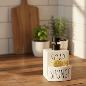 Beyaz Seramik Sıvı Sabunluk ve Süngerlik Seti | 500 ml | Mutfak ve Banyo Tezgahı Için 2'si 1 Arada | Kaymaz Tabanlı, Şık Bulaşık Sabunu Dispenseri