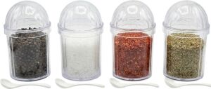 Şeffaf Kapaklı 4’lü Baharatlık Seti + Kaşık – 13 cm Yükseklik, 8 cm Genişlik – Çok Amaçlı Baharat ve Gıda Saklama Kutusu