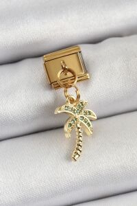 316L Çelik Sallantılı Zirkon Taşlı Palmiye Ağacı Model Gold Renk Nomination Charm