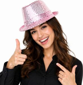 Pembe Payetli Disco Parti Şapkası Yetişkin Işıltılı Fötr Model