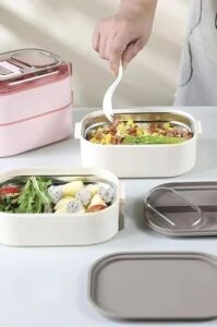 Bento 1000ML Lunchbox Çift Katlı 3 Bölmeli Çelik Sefer Tası Yemek Kutusu (Lacivert)