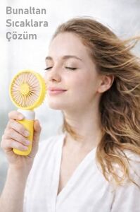 Standlı 3 Mod Şarjlı El Fanı 3 Kademe Seyahat Masaüstü Vantilatör Taşınabilir Mini Fan F139 (Sarı)