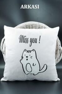 Harfli Kırlent Kılıfı Kadife 43X43 cm Çift Taraflı K Harfi Kedi Desenli Evlilik Teklifi Doğum Günü