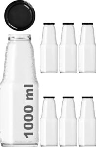 1000 ml Şeffaf Meyve Suyu Şişesi, Meşrubat, Limonata Şişesi Metal Kapaklı 1000 cc Boş Cam Şişe (6, Siyah Kapak, 1000, Mililitre)