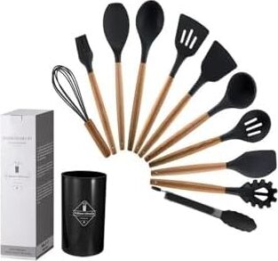 Silikon Spatula Mutfak Gereçleri Seti, 12 Parça, Ahşap Saplı, Siyah Kaşıklık Hediyeli
