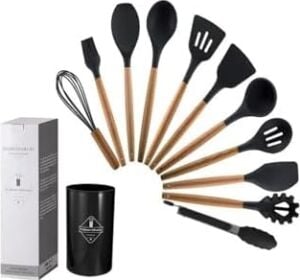 Silikon Spatula Mutfak Gereçleri Seti, 12 Parça, Ahşap Saplı, Siyah Kaşıklık Hediyeli