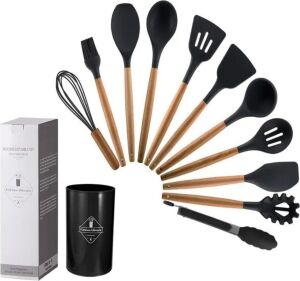 Silikon Spatula Mutfak Gereçleri Seti, 12 Parça, Ahşap Saplı, Siyah Kaşıklık Hediyeli