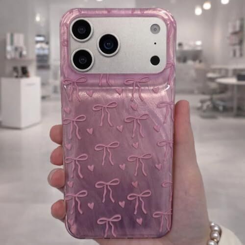Iphone 17 Pro Max Ile Uyumlu Yüksek Kalite Özel Tasarım Hologramlı Kurdele Desenli Sert Silikon Şık Telefon Kılıfı Pembe İDB-264