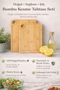 2’li Bambu Kesme Tahtası Seti, Doğal ve Dayanıklı Ahşap Mutfak Panosu, Bıçak Dostu Yüzey, Hijyenik ve Çizilmeye Dayanıklı, Et, Sebze, Meyve ve Ekmek Için Çok Amaçlı Kullanım.