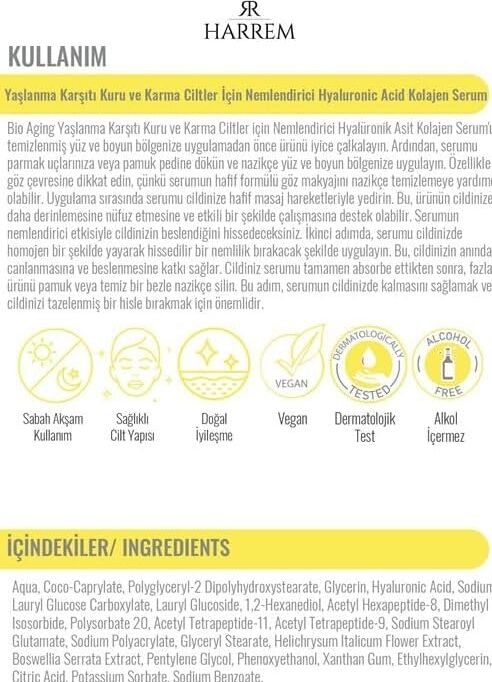 Bio Aging Yaşlanma Karşıtı Kuru ve Karma Ciltler Için Nemlendirici Hyalüronik Asit Kolajen Serum 30 ml