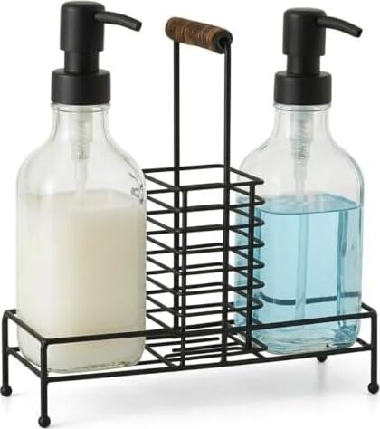 2'li Cam Dispenser Seti – Metal Taşıyıcılı Sıvı Sabun & Deterjan Pompa Şişeleri, Endüstriyel Mutfak & Banyo Organizer
