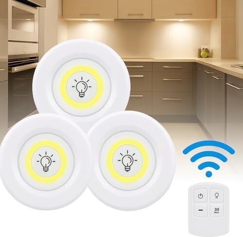 Hero 3’lü Kablosuz LED Spot Işık Seti – Uzaktan Kumandalı, Yapışkan Bantlı, Pilli, 3W Cob Led, 150 Lümen, 2 Parlaklık Seviyesi, Zamanlayıcılı Dolap Tezgah Banyo Aydınlatmas