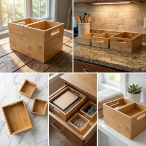 3'lü Modüler Bambu Organizer Set - Üst Üste Geçebilen Çok Amaçlı Çekmece Içi ve Masaüstü Düzenleyici Kutu - Banyo, Mutfak ve Ofis Için Ahşap Saklama Seti