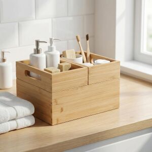 3'lü Modüler Bambu Organizer Set - Üst Üste Geçebilen Çok Amaçlı Çekmece Içi ve Masaüstü Düzenleyici Kutu - Banyo, Mutfak ve Ofis Için Ahşap Saklama Seti