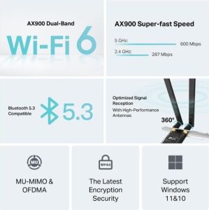 TX10E | AX900 Wi-Fi 6 Bluetooth 5.3 Pcıe Adaptör | 887 Mbps Çift Bant Hız | Mu-Mımo & Ofdma | Çift Harici Anten | Wpa3 Güvenlik | Masaüstü Pc Dahili Ağ Kartı