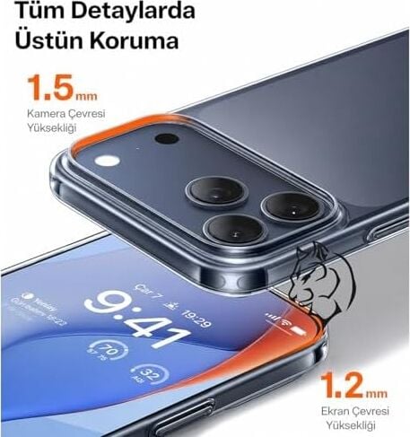 Şeffaf Kılıf, iPhone 16 Pro Max ile Uyumlu, Darbelere Dayanıklı Sert Pc Arka Yüzey, Kaymaz Tutuş, Kamera Korumalı, Ince ve Hafif Tasarım, Sararma Karşıtı (Şeffaf)