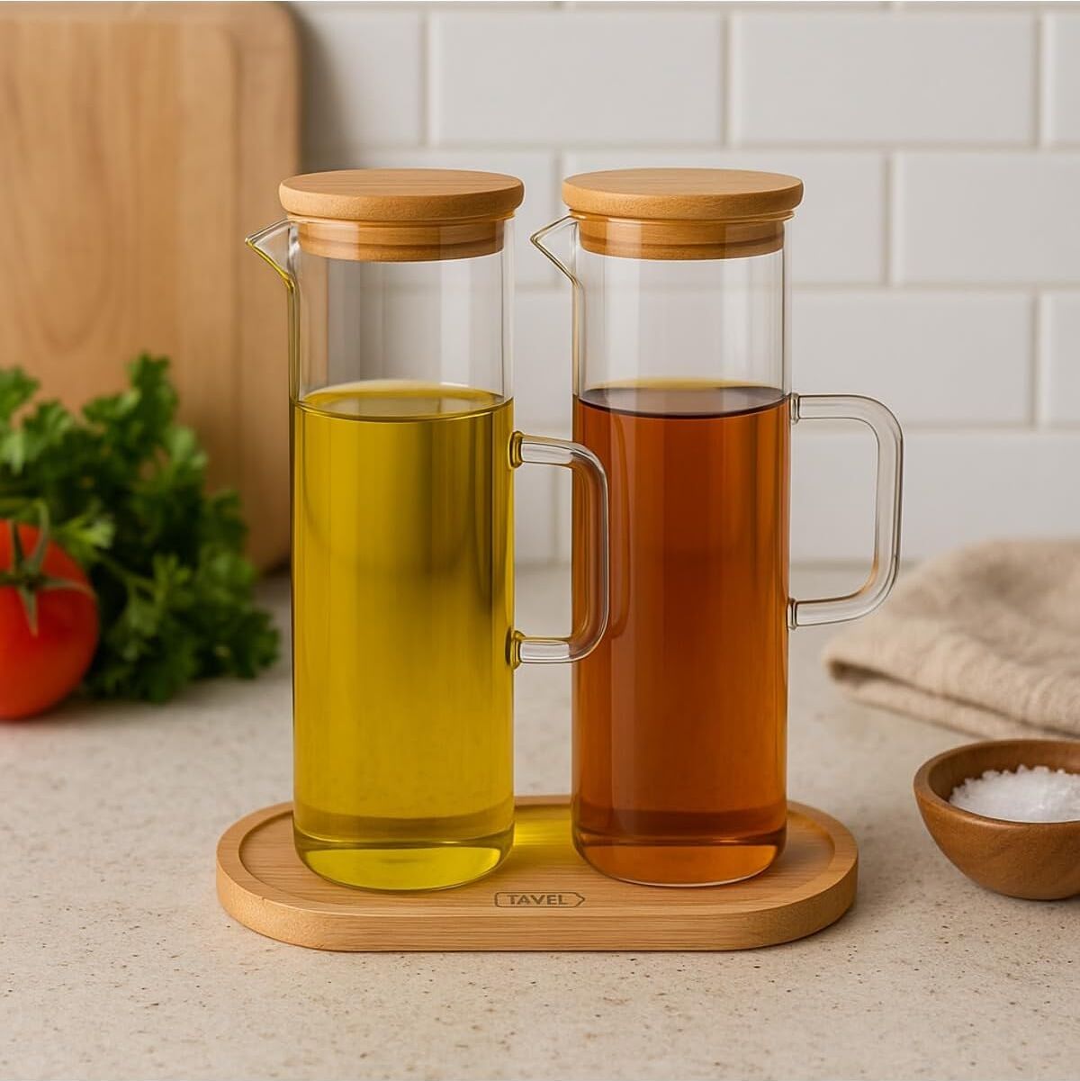 Lavino 3 Parça 400 ml Borosilikat Yağlık - Bambu Altlık ve 2 Adet Bambu Kapaklı Cam Yağdanlık