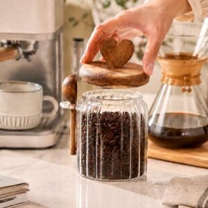 Akasya Kapaklı Cam Kavanoz 460 ml Kaşıklı | Hava Geçirmez Baharatlık Çay Kahve Şeker Saklama Kabı