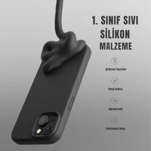 iPhone 13/14 ile Uyumlu Lansman Silikon Kılıf, Kamera Korumalı Kadife Iç Astarlı Esnek ve Darbe Emici Mat Siyah Kapak