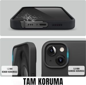 iPhone 13/14 ile Uyumlu Lansman Silikon Kılıf, Kamera Korumalı Kadife Iç Astarlı Esnek ve Darbe Emici Mat Siyah Kapak