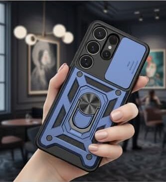 -  S26 Ultra ile Uyumlu Galaxy Için Sürgülü Korumalı Yüzüklü Standlı Magnetic Tpu Tank Kapak - Lacivert
