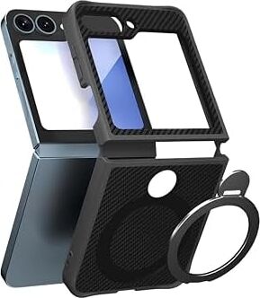 Karbon Fiber Materyal Stand Özellikli Lens Çerçeveli ve Sararmayan Güçlü Darbe Emici Premium Kılıf (Siyah, Galaxy Z Flip 5)